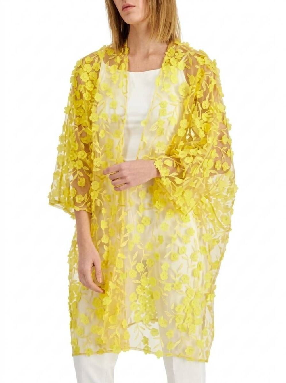 🔹️Anne Klein Yellow Oversized 3D Floral Sheer Kimono Duster L/XL